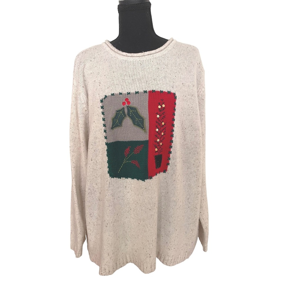 Russ Woman Sweater Women 18W-20W Oatmeal Cotton Blend Vintage Holiday Patch Boho